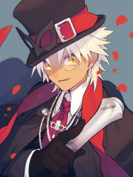 Rule 34 | 1boy, amakusa shirou (fate), amakusa shirou (phantom thief) (fate), black capelet, black coat, black gloves, black hat, black mask, black suit, black vest, brown eyes, cane, capelet, coat, collared shirt, commentary request, dark-skinned male, dark skin, earrings, falling petals, fate/apocrypha, fate/grand order, fate (series), flower, formal, gloves, grey hair, hat, holding, holding cane, jewelry, long sleeves, looking at viewer, male focus, mask, miitarou, monocle, necklace, necktie, official alternate costume, open mouth, parted bangs, petals, red flower, red necktie, shirt, short hair, smile, solo, suit, teeth, top hat, unworn mask, upper body, vest, waistcoat, white hair, white shirt