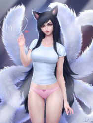 Rule 34 | 1girl, ahri (league of legends), animal ears, black hair, bow, bow panties, breasts, brown eyes, casual, facial mark, fox ears, fox tail, gohpot, heart, large breasts, league of legends, lips, lipstick mark, long hair, multiple tails, panties, pink panties, shirt, signature, smile, solo, t-shirt, tail, underwear, very long hair, whisker markings