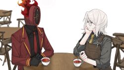 Rule 34 | 1girl, 1other, apron, black shirt, black skin, brown apron, chair, clock, coat, colored skin, cup, dante (limbus company), faust (project moon), fire, glasses, ivy (675671), limbus company, long sleeves, necktie, object head, project moon, red coat, red necktie, round eyewear, shirt, short hair, simple background, sitting, spoon, stirring, table, tea, teacup, white background, white hair, wing collar