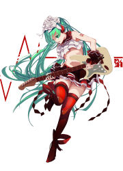 Rule 34 | 1girl, absurdres, alternate costume, ankle ribbon, aqua nails, argyle, artist name, bare arms, belt, bless you (module), boots, cardiogram, colored eyelashes, crop top, electric guitar, eyelashes, fingernails, flat chest, floating hair, flower, foot up, full body, green eyes, green hair, guitar, hair flower, hair ornament, half-closed eyes, hatsune miku, highres, holding, holding instrument, holding plectrum, instrument, knees together feet apart, layered skirt, leaning to the side, leg ribbon, long hair, looking away, lower teeth only, miniskirt, music, nail polish, navel, nisoku hokou (vocaloid), number tattoo, parted lips, playing instrument, plectrum, project diva (series), r/h, red belt, red footwear, red ribbon, red skirt, ribbon, ribbon legwear, rose, shade, shoulder tattoo, skirt, solo, stomach, tattoo, teeth, thick thighs, thigh boots, thighhighs, thighs, twintails, very long hair, vocaloid, white flower, white rose, wrist cuffs, zettai ryouiki