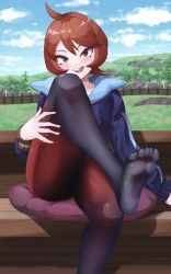 Rule 34 | 1girl, arezu (pokemon), bad id, bad pixiv id, bench, blue jacket, blurry, blurry background, blush, brown hair, cloud, commentary, cowlick, creatures (company), crossed legs, day, fence, game freak, gradient legwear, grass, highres, hill, jacket, leg up, licking lips, long sleeves, looking at viewer, nintendo, no shoes, outdoors, pantyhose, pillow, pokemon, pokemon legends: arceus, red eyes, short hair, sitting, sitting on pillow, skindentation, soles, solo, teeth, tento (1010), thigh grab, thighs, tongue, tongue out, tree, upper teeth only, wooden bench, wooden fence