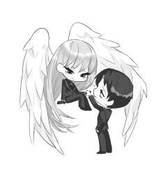 Rule 34 | 1boy, 1girl, angelica (project moon), black eyes, black gloves, black hair, black jacket, black pants, blue eyes, chibi, closed mouth, feathered wings, gloves, highres, holding hands, husband and wife, jacket, knees up, library of ruina, long hair, long sleeves, orururuu, pants, project moon, roland (project moon), sitting, smile, very long hair, white hair, white wings, wings