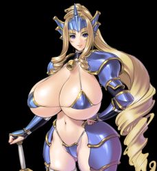 Rule 34 | 1girl, armor, blonde hair, breasts, curvy, drill hair, g.j?, gigantic breasts, hyakki yakou (game), knight, long hair, sano toshihide