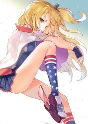 Rule 34 | 1girl, american flag legwear, ankle boots, azur lane, blonde hair, blue gloves, blue skirt, boots, capelet, cleveland (azur lane), commentary, covered mouth, fingerless gloves, floating hair, gloves, hair ornament, highres, invisible chair, knee up, legs, long hair, looking at viewer, pleated skirt, red eyes, sibyl, sitting, skirt, socks, solo, white capelet