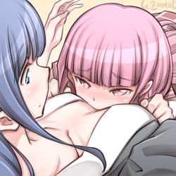 Rule 34 | 2girls, artist name, blue eyes, blue hair, blunt bangs, blush, breasts, cleavage, closed mouth, collarbone, commentary request, embarrassed, eye contact, from above, jewelry, long hair, looking at another, magia record: mahou shoujo madoka magica gaiden, mahou shoujo madoka magica, multiple girls, nanami yachiyo, nose blush, pink eyes, pink hair, ring, sidelocks, simple background, studiozombie, tamaki iroha, yellow background, yuri