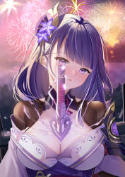 Rule 34 | 1girl, absurdres, armor, blush, breasts, cleavage, commentary request, electricity, fireworks, flower, genshin impact, hair ornament, highres, hilt, japanese clothes, kimono, large breasts, long hair, looking at viewer, mole, mole under eye, obi, obiage, open mouth, purple eyes, purple flower, purple hair, raiden shogun, ribbon, sash, shoulder armor, solo, tassel, tomoe (symbol), zhongwu chahui