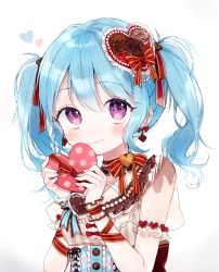 Rule 34 | 1girl, bang dream!, blue hair, blush, box, brown shirt, closed mouth, commentary request, earrings, flower, hair flower, hair ornament, hair ribbon, hands up, heart, heart hair ornament, highres, holding, holding box, jewelry, long hair, looking at viewer, matsubara kanon, nare (17 junana), polka dot, purple eyes, red ribbon, ribbon, rose, sanpaku, see-through, shirt, short sleeves, sidelocks, simple background, smile, solo, striped clothes, striped ribbon, striped shirt, tareme, twintails, twintails day, underbust, upper body, valentine, white background