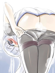 Rule 34 | 10s, 1girl, ass, bent over, black pantyhose, blush, butt crack, censored, clothes pull, hakkai, highres, kantai collection, long hair, looking at viewer, murakumo (kancolle), murakumo kai ni (kancolle), pantyhose, pantyhose pull, solo, thighband pantyhose