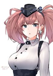 Rule 34 | 1girl, atlanta (kancolle), breasts, brown hair, commentary request, dated, earrings, garrison cap, grey eyes, hat, high-waist skirt, izumikuma, jewelry, kantai collection, large breasts, long hair, long sleeves, looking at viewer, shirt, simple background, skirt, solo, star (symbol), star earrings, suspender skirt, suspenders, twintails, twitter username, two side up, white background, white shirt
