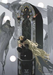 Rule 34 | 1girl, absurdres, arch, bags under eyes, balcony, bare shoulders, black dress, black hood, blonde hair, book, chinese commentary, colored sclera, detached hood, detached sleeves, dress, dungeon meshi, ear covers, elf, feathered wings, fire, floating hair, grey background, harpy, highres, hood, hood up, incredibly absurdres, lion, long hair, looking at another, looking at viewer, looking up, marcille donato, marcille donato (lord), monster, monster girl, official alternate costume, open book, pointy ears, qianfeng, red sclera, solo focus, spoilers, standing, statue, symbol-shaped pupils, tearing up, very long hair, weibo watermark, winged lion (dungeon meshi), wings, yellow eyes
