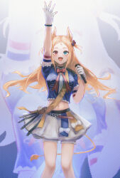 Rule 34 | 1girl, aiv, animal ears, archetto (arknights), archetto (publicity strategy) (arknights), arknights, arm up, blonde hair, blue eyes, blue shirt, bow, breasts, commentary request, crop top, forehead, frilled sleeves, frills, gloves, heterochromia, highres, holding, holding microphone, lion ears, lion girl, lion tail, long hair, medium breasts, microphone, midriff, navel, parted bangs, pleated skirt, red bow, red eyes, shirt, short sleeves, shorts, shorts under skirt, skirt, solo, standing, tail, two side up, very long hair, white gloves, white shorts, white skirt, zoom layer