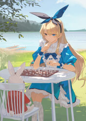 Rule 34 | 1girl, absurdres, alice (alice in wonderland), alice in wonderland, black hairband, blonde hair, blue dress, blue eyes, blue hairband, blue ribbon, blue sky, board game, chair, chess, chessboard, closed mouth, cloud, commentary, day, dress, elbow on table, english commentary, feet out of frame, finger to own chin, frilled dress, frills, grass, hair between eyes, hair ribbon, hairband, hand up, heterochromia, highres, kneehighs, long hair, looking at object, mountain, on chair, outdoors, pinafore dress, puffy short sleeves, puffy sleeves, ribbon, river, short sleeves, sitting, sky, sleeveless dress, socks, solo, stuffed animal, stuffed rabbit, stuffed toy, sunglasses, table, tree, very long hair, wakuseiy, white socks, wrist cuffs, yellow eyes