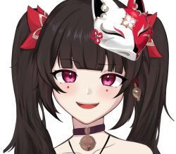 Rule 34 | 1girl, :d, bare shoulders, bell, black choker, blush, bow, brown hair, choker, close-up, collarbone, fox mask, hair bow, highres, honkai: star rail, honkai (series), long hair, looking at viewer, mask, mask on head, neck bell, open mouth, pink eyes, portrait, raised eyebrow, red bow, ryoko 0111, sidelocks, smile, solo, sparkle (honkai: star rail), straight-on, teeth, twintails, upper teeth only