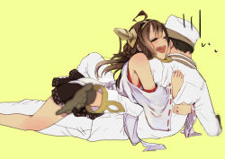 Rule 34 | 10s, 1boy, 1girl, admiral (kancolle), bad id, bad pixiv id, bare shoulders, blush, brown hair, closed eyes, detached sleeves, fukagawa (light-gigi18), gloves, hairband, headgear, hetero, hug, jewelry, kantai collection, kongou (kancolle), long hair, military, military uniform, open mouth, personification, ribbon-trimmed sleeves, ribbon trim, ring, short hair, simple background, skirt, smile, thighhighs, uniform, wavy mouth, wide sleeves, yellow background