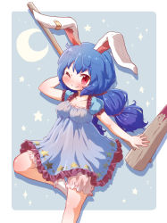 Rule 34 | 1girl, ambiguous red liquid, animal ears, arinu, bloomers, blue background, blue dress, blue hair, blush, breasts, cleavage, commentary request, crescent, dress, earclip, floppy ears, highres, holding, holding mallet, kine, long hair, looking at viewer, mallet, medium breasts, one eye closed, partial commentary, rabbit ears, red eyes, seiran (touhou), short dress, smile, socks, solo, stain, standing, star (symbol), touhou, underwear, white socks