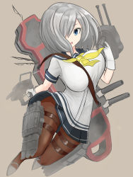 Rule 34 | 10s, 1girl, blue eyes, bouncing breasts, breasts, brown background, brown pantyhose, cannon, female focus, gloves, hair over one eye, hamakaze (kancolle), highres, holding, kantai collection, large breasts, looking at viewer, neckerchief, pantyhose, school uniform, serafuku, shirt, short hair, short sleeves, simple background, sin (kami148), solo, thigh gap, turret, unaligned breasts, white gloves, white hair, white shirt, yellow neckerchief