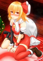 Rule 34 | 1girl, :t, armlet, asymmetrical legwear, bare shoulders, bell, belt, between legs, blonde hair, blush, boots, brick, brown footwear, carpet, choker, christmas, christmas tree, detached sleeves, fireplace, flower pot, hair between eyes, hand between legs, indoors, jingle bell, looking at viewer, nose blush, red eyes, red ribbon, red thighhighs, ribbon, rumia, sack, santa costume, scarf, shoes, short hair, single boot, single shoe, sitting, skirt, solo, tears, thighhighs, totororo, touhou, uneven legwear, wariza, white scarf
