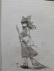 Rule 34 | 1girl, absurdres, ascot, autumn leaves, bow, breasts, broom, closed mouth, collared shirt, detached sleeves, fasnakegod, frilled bow, frilled shirt collar, frilled skirt, frills, from side, full body, graphite (medium), greyscale, hair between eyes, hair bow, hakurei reimu, highres, holding, holding broom, large bow, lined paper, long skirt, looking down, medium hair, monochrome, ribbon-trimmed sleeves, ribbon trim, sarashi, shirt, shoes, skirt, sleeve ribbon, sleeveless, sleeveless shirt, small breasts, socks, solo, standing, touhou, traditional media, wide sleeves