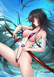 Rule 34 | 1girl, adsouto, akame (akame ga kill!), akame ga kill!, black hair, blue sky, breasts, cleavage, cleft of venus, collarbone, day, floating hair, glowing, glowing eye, hair over one eye, highres, holding, holding sheath, holding sword, holding weapon, large breasts, long hair, one-piece swimsuit, open mouth, outdoors, partially visible vulva, purple one-piece swimsuit, red eyes, river, sheath, sideboob, signature, sky, slingshot swimsuit, solo, swimsuit, sword, unsheathing, very long hair, weapon