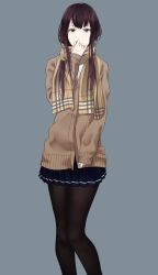 Rule 34 | 1girl, bad id, bad pixiv id, black pantyhose, black skirt, blue eyes, brown hair, brown scarf, cardigan, closed mouth, commentary request, dress, grey background, hand up, highres, long hair, long sleeves, looking at viewer, original, pantyhose, saitou (lynx-shrike), scarf, short dress, simple background, skirt, sleeves past wrists, smile, solo, standing