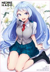 Rule 34 | 10s, 1girl, :d, blue eyes, blush, boku no hero academia, breasts, buttons, character name, collared shirt, flower, full body, hadou nejire, large breasts, long hair, maneki-neko (fujifuji), necktie, open mouth, pleated skirt, red necktie, seiza, shirt, silver hair, simple background, sitting, skirt, smile, solo, very long hair, white background