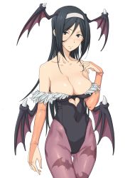 Rule 34 | 1girl, animal print, bare shoulders, bat print, blush, breasts, capcom, cleavage, clothing cutout, cosplay, covered navel, heart, heart cutout, highres, hyouka, irisu fuyumi, large breasts, leotard, morrigan aensland, morrigan aensland (cosplay), pantyhose, print pantyhose, simple background, solo, standing, tenchisouha, thigh gap, vampire (game), white background, wings