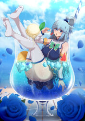 Rule 34 | 1girl, aqua (konosuba), ass, bare shoulders, blue eyes, blue hair, blue skirt, blue sky, breasts, cherry, cloud, cocktail glass, cup, day, detached sleeves, drinking glass, flower, food, fruit, full body, hair rings, highres, ice, ice cream, kono subarashii sekai ni shukufuku wo!, large breasts, legs, legs up, long hair, looking at viewer, miniskirt, open mouth, partially submerged, ponponmaru, rose, skirt, sky, soles, solo, thighhighs, tongue, tongue out, watermelon, watermelon slice, white thighhighs