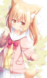 Rule 34 | 1girl, animal ear fluff, animal ears, blush, bow, brown eyes, closed mouth, commentary request, hair between eyes, hair bow, hand up, highres, jacket, light brown hair, long hair, long sleeves, looking at viewer, miike-chan, nakkar, open clothes, open jacket, original, petals, pink jacket, pleated skirt, ponytail, red bow, sailor collar, shirt, skirt, sleeves past wrists, solo, white bow, white sailor collar, white skirt, yellow shirt