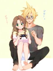 Rule 34 | 1boy, 1girl, aerith gainsborough, barefoot, black pants, blonde hair, blue eyes, blush, breasts, brown hair, cloud strife, collarbone, controller, couple, final fantasy, final fantasy vii, glasses, green eyes, grey shirt, hair down, hetero, jewelry, krudears, long hair, multicolored shirt, open mouth, pants, ring, shirt, spiked hair, square enix, wavy hair, yellow background