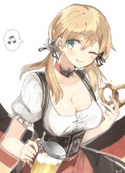 Rule 34 | 10s, 1girl, :t, alcohol, anchor hair ornament, beamed quavers, beer, beer mug, blonde hair, breasts, chibirisu, cleavage, cross, cup, dirndl, eating, female focus, food, german clothes, german flag, germany, hair ornament, highres, iron cross, kantai collection, large breasts, long hair, mug, musical note, oktoberfest, one eye closed, pretzel, prinz eugen (kancolle), smile, solo, spoken musical note, twintails, underbust
