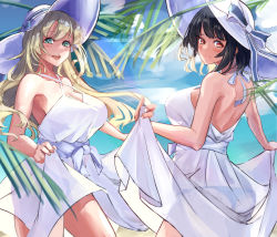 Rule 34 | 2girls, :d, alternate costume, atago (kancolle), bare shoulders, black hair, blonde hair, blue eyes, breasts, cleavage, clothes lift, dress, dress lift, from side, highres, kantai collection, large breasts, lifting own clothes, long hair, multiple girls, open mouth, palm tree, panda (heart sink), red eyes, short hair, sleeveless, sleeveless dress, smile, takao (kancolle), tree, white dress, white headwear