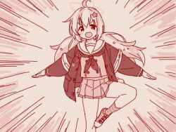 Rule 34 | 1girl, ahoge, backpack, bag, blue archive, blush, double strap slip, emphasis lines, foot out of frame, hair ornament, halo, jacket, long hair, long sleeves, looking at viewer, low twintails, lowres, maibotsumou, monochrome, neckerchief, oekaki, open clothes, open jacket, open mouth, outstretched arms, pleated skirt, red theme, reisa (blue archive), school uniform, serafuku, shoes, shoulder strap, skirt, smile, sneakers, socks, solo, spread arms, standing, standing on one leg, star (symbol), star hair ornament, striped clothes, striped socks, twintails, v-shaped eyebrows
