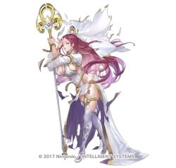 Rule 34 | 1girl, bare shoulders, braid, breasts, cleavage, curvy, earrings, fire emblem, fire emblem heroes, full body, holding, holding staff, jewelry, large breasts, loki (fire emblem), long hair, looking at viewer, maeshima shigeki, mage staff, nintendo, official alternate costume, official art, purple eyes, purple hair, smile, staff, thighhighs, thighs, torn clothes, veil, wide hips