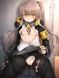 Rule 34 | 1girl, armband, black gloves, black jacket, black pantyhose, black ribbon, breasts, brown hair, buttons, closed mouth, clothes lift, collared shirt, dress shirt, exoskeleton, fingerless gloves, girls&#039; frontline, gloves, hair between eyes, highres, indoors, jacket, lifted by self, long hair, long sleeves, looking at viewer, marukyuu ameya, neck ribbon, one side up, open clothes, open jacket, open shirt, panties, panties under pantyhose, pantyhose, pleated skirt, pussy, ribbon, shirt, skirt, skirt lift, small breasts, torn clothes, torn pantyhose, ump45 (girls&#039; frontline), underwear, white panties, white shirt, yellow armband, yellow eyes