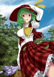Rule 34 | 1girl, ascot, breasts, dress shirt, female focus, from below, green hair, hand on headwear, hat, kazami yuuka, leaf, plaid, plaid skirt, red eyes, shirt, skirt, smirk, solo, suitcase, taut clothes, taut shirt, touhou, umbrella, vest, zqhzx