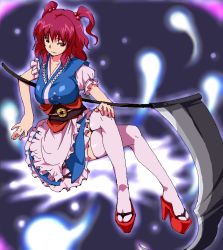Rule 34 | 1girl, amami amayu, apron, bad id, bad pixiv id, breasts, clog sandals, crossed legs, female focus, hair bobbles, hair ornament, hitodama, large breasts, looking at viewer, obi, okobo, onozuka komachi, red eyes, red hair, sandals, sash, scythe, shinigami, short hair, socks, solo, thighhighs, touhou, twintails, two side up, waist apron, white socks, white thighhighs