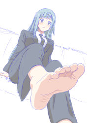 Rule 34 | 1girl, absurdres, barefoot, blue hair, feet, formal, highres, jujutsu kaisen, light blush, long hair, looking at viewer, miwa kasumi, nush advance, parted lips, soles, suit, toes