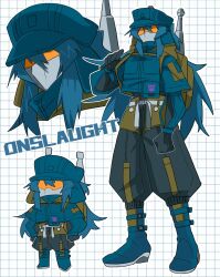 backpack bag baggy_clothes baggy_pants blue_footwear blue_hair blue_hat boots cannon character_name decepticon genderswap genderswap_(mtf) green_hood grid_background hat highres hood humanization long_hair mask mecha_musume mouth_mask onslaught_(transformers) orange_visor osekihan053 pants pouch transformers vest white_background