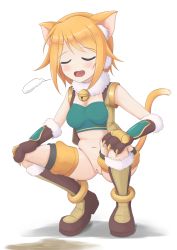 Rule 34 | 1girl, animal ears, bell, blonde hair, blush, boots, breasts, breath, cat ears, cat girl, cat tail, claws, cleft of venus, closed eyes, collar, female focus, gloves, highres, hiyori (princess connect!), medium breasts, navel, no panties, open mouth, princess connect!, pussy, solo, spread legs, squatting, strapless, tail, tube top, udonko (tinanago7715), uncensored