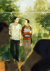 Rule 34 | 2boys, against fence, bag, black hair, black pants, chain-link fence, clipboard, dark-skinned male, dark skin, day, eye contact, fence, folder, full body, glasses, grey hair, gym teacher, hair slicked back, harold finch (person of interest), holding, holding clipboard, holding folder, john reese (person of interest), looking at another, male focus, mature male, multicolored hair, multiple boys, out of frame, outdoors, pants, people, person of interest, rectangular eyewear, shirt, short hair, shoulder bag, sideburns, smile, streaked hair, tree, whistle, whistle around neck, white shirt, wwwe314