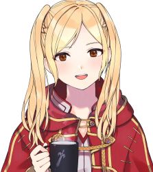Rule 34 | 1girl, blonde hair, blush, braid, cape, cup, fire emblem, fire emblem awakening, french braid, highres, holding, holding cup, hood, kinagi (3307377), long hair, looking at viewer, nintendo, open mouth, orange eyes, robe, robin (female) (fire emblem), robin (fire emblem), simple background, smile, solo, super smash bros., twintails, white background