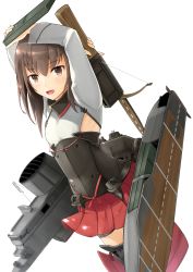 Rule 34 | 1girl, bike shorts, boots, bow (weapon), brown eyes, brown hair, crossbow, flat chest, flight deck, hair between eyes, hakama, hakama short skirt, hakama skirt, headband, headgear, highres, holding, holding bow (weapon), holding crossbow, holding weapon, japanese clothes, kantai collection, machinery, namae hamada, open mouth, pleated skirt, red hakama, rigging, short hair, simple background, skirt, solo, standing, taihou (kancolle), thigh boots, thighhighs, weapon, white background