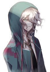 Rule 34 | 1boy, collared shirt, commentary request, danchu (danchu0628), danganronpa (series), danganronpa 2: goodbye despair, grey eyes, grey hair, hair over one eye, highres, hood, hood up, jacket, komaeda nagito, male focus, medium hair, messy hair, necktie, open clothes, open jacket, parted lips, shirt, simple background, smile, solo, white background