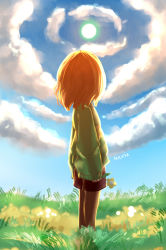 Rule 34 | androgynous, artist name, brown hair, chara (undertale), cloud, cloudy sky, day, flower, full body, gender request, grass, highres, holding, holding flower, leggings, nilata, shorts, sky, solo, spoilers, striped clothes, striped sweater, sun, sweater, undertale
