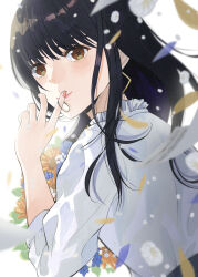 Rule 34 | 1girl, absurdres, black hair, blue flower, blush, bouquet, brown eyes, brown flower, earrings, eyelashes, falling petals, finger to mouth, flower, highres, holding hair tie, jewelry, long hair, long sleeves, looking at viewer, miko35, office lady, original, paper, petals, portrait, shirt, smile, solo, white shirt