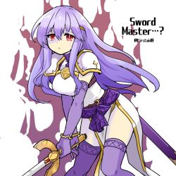 Rule 34 | 1girl, alternate costume, armor, aura, breasts, circlet, corruption, dark aura, dark persona, english text, fire emblem, fire emblem: genealogy of the holy war, holding, holding sword, holding weapon, julia (fire emblem), long hair, medium breasts, mind control, nintendo, open mouth, pauldrons, purple hair, red eyes, shoulder armor, simple background, solo, sword, thighhighs, thighs, weapon, yukia (firstaid0)
