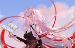 Rule 34 | 1girl, absurdres, animal ear fluff, animal ears, arknights, black bra, black gloves, blue sky, book, bra, breasts, floating hair, from side, gloves, hair ornament, high-waist skirt, highres, open book, outdoors, parted lips, partially fingerless gloves, pink eyes, pink hair, pozyomka (arknights), profile, red skirt, rougai56717, skirt, sky, small breasts, solo, underwear, upper body, wolf ears, wolf girl