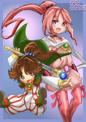 Rule 34 | 2girls, aged up, black choker, brown hair, cape, choker, dual persona, earrings, final fantasy, final fantasy iv, highres, jewelry, long hair, looking at viewer, multiple girls, open mouth, pink hair, ponytail, porom, puddinghomhom, smile, staff, thighhighs