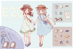 Rule 34 | 3girls, alternate costume, bag, blue dress, blue footwear, bokukawauso, brown eyes, brown hair, brown headwear, cellphone, commentary request, dress, full body, green dress, green eyes, grey hair, holding hands, handbag, hat, highres, kamoi (kancolle), kantai collection, long hair, looking at viewer, low ponytail, mary janes, mikura (kancolle), multiple girls, otter, phone, red footwear, shoes, sun hat, translation request, wavy hair, wss (nicoseiga19993411), yashiro (kancolle)