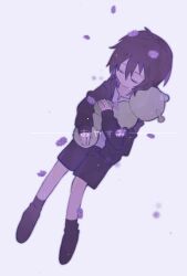 Rule 34 | 1boy, black jacket, black shorts, brown hair, chinese commentary, chuyi (bbvvwow), closed eyes, closed mouth, commentary request, flower, hair between eyes, highres, holding, holding stuffed toy, isoi haruki, jacket, long sleeves, male focus, open clothes, open jacket, purple flower, saibou shinkyoku, shirt, short hair, shorts, simple background, solo, stuffed animal, stuffed toy, translation request, white background, white shirt